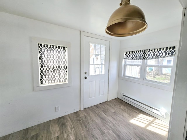 doorway to outside featuring a baseboard radiator and wood finished floors