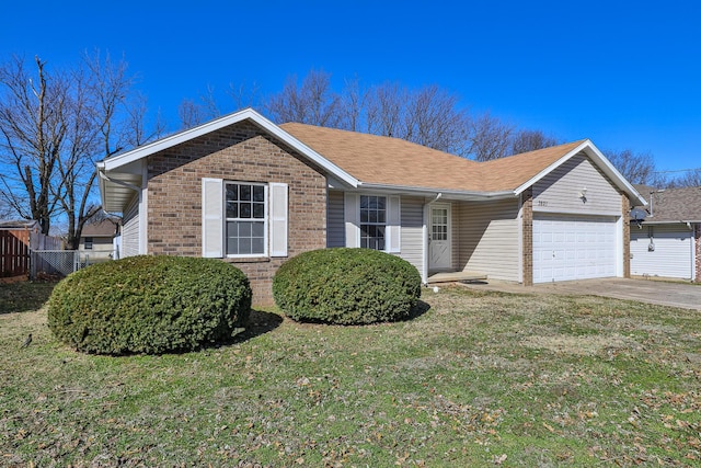 ranch-style home with a garage, concrete driveway, fence, a front lawn, and brick siding