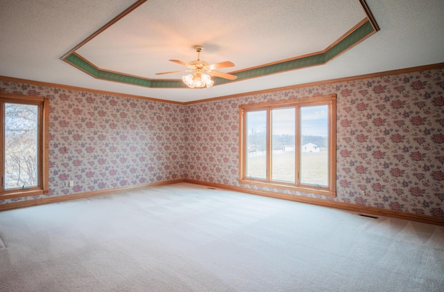 spare room featuring a textured ceiling, carpet flooring, baseboards, a raised ceiling, and wallpapered walls