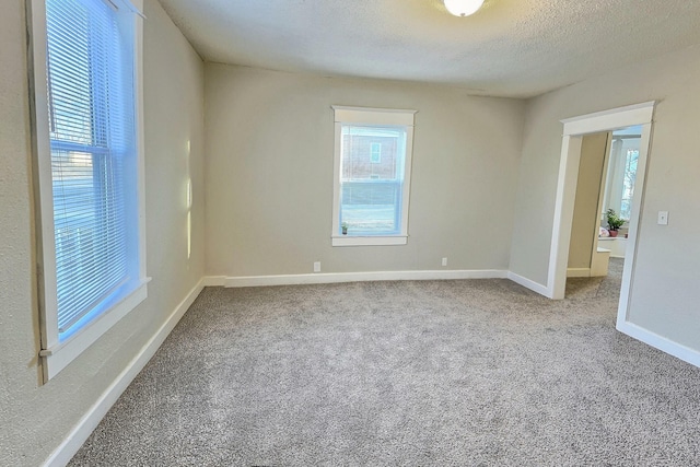 spare room featuring a textured ceiling, carpet, baseboards, and a healthy amount of sunlight