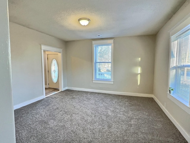 foyer featuring carpet floors, a wealth of natural light, baseboards, and a textured ceiling