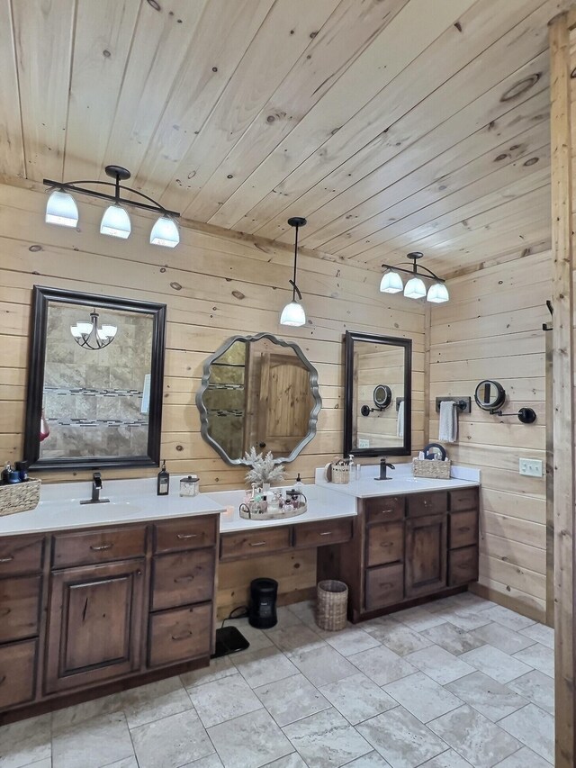 full bath with wooden walls, wood ceiling, and vanity