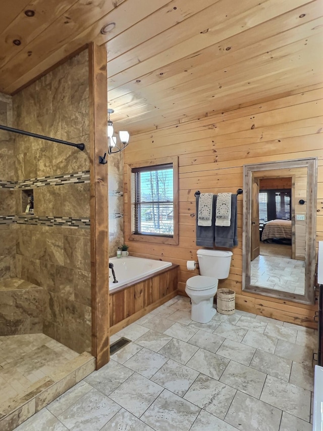 bathroom with tiled shower, toilet, wooden ceiling, ensuite bath, and a garden tub