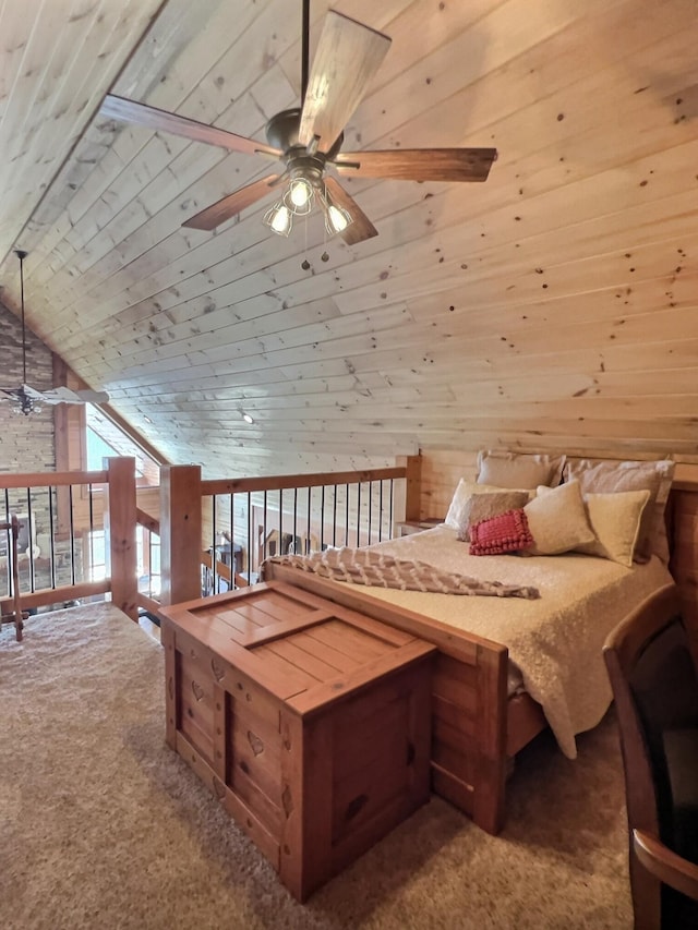 carpeted bedroom with wooden ceiling, wood walls, and vaulted ceiling