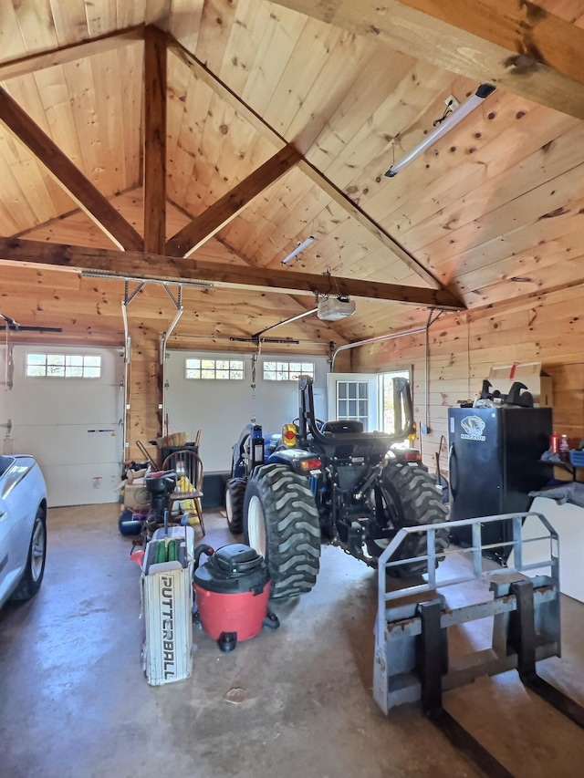 garage with wood ceiling, wooden walls, and a garage door opener