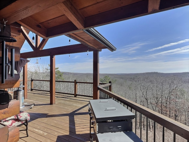 wooden terrace with a wooded view