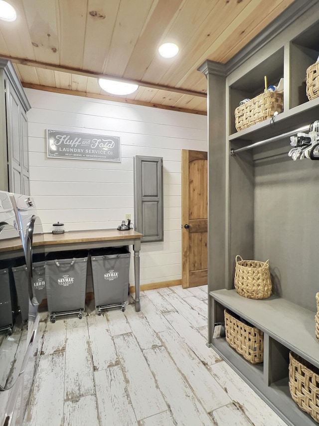 laundry area with wood ceiling, laundry area, and recessed lighting