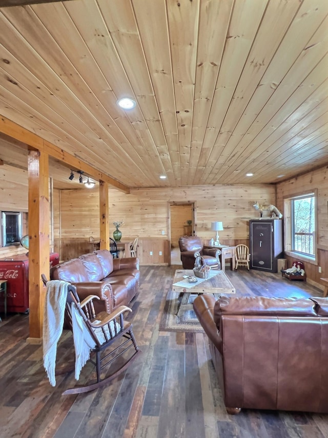 living area featuring wood walls, wooden ceiling, hardwood / wood-style flooring, and recessed lighting