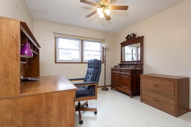 office space with a ceiling fan and light floors