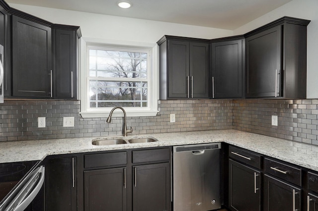 kitchen featuring a sink, light stone counters, backsplash, and dishwasher