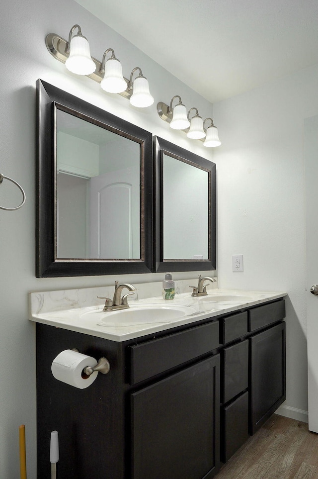 bathroom featuring double vanity, wood finished floors, and a sink