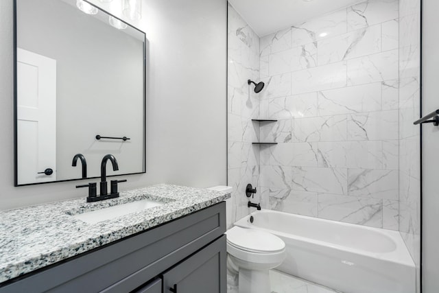 full bath with marble finish floor, tub / shower combination, vanity, and toilet