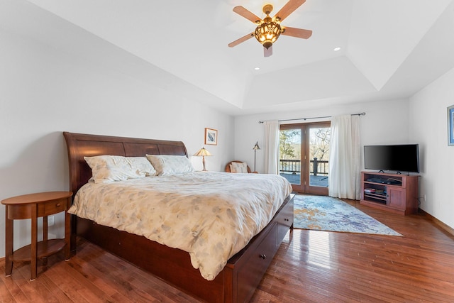 230 Temple Ln, Shell Knob, MO 65747 - bedroom featuring access to exterior, french doors, a raised ceiling, hardwood / wood-style floors, and baseboards