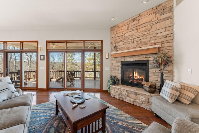 230 Temple Ln, Shell Knob, MO 65747 - living area featuring a fireplace, baseboards, and wood finished floors