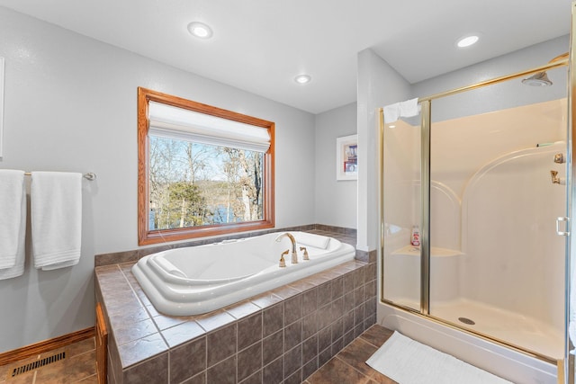 230 Temple Ln, Shell Knob, MO 65747 - bathroom with tile patterned flooring, a garden tub, recessed lighting, visible vents, and a stall shower