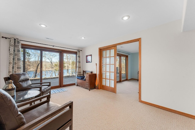 230 Temple Ln, Shell Knob, MO 65747 - living area featuring light carpet, visible vents, baseboards, french doors, and recessed lighting