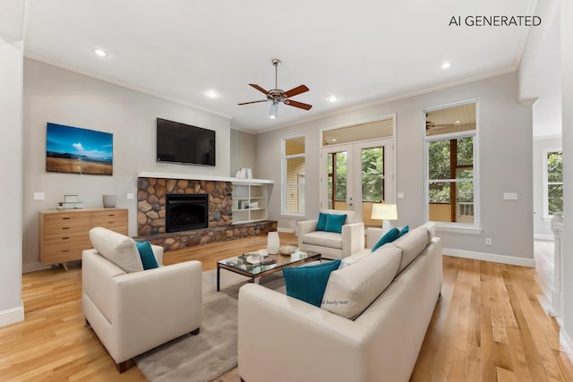 living area with crown molding, a fireplace, baseboards, and light wood-style floors