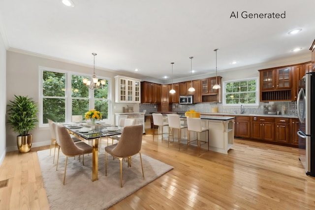 dining space with ornamental molding, recessed lighting, baseboards, and light wood finished floors