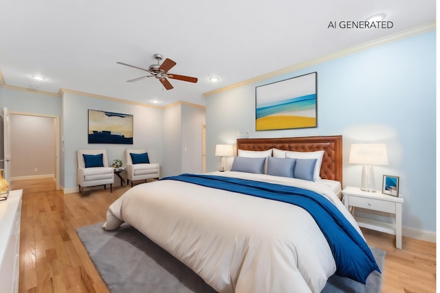 bedroom featuring baseboards, a ceiling fan, wood finished floors, crown molding, and recessed lighting