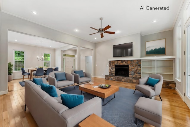 living room with a stone fireplace, recessed lighting, baseboards, light wood finished floors, and crown molding