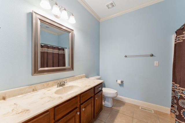 bathroom with tile patterned flooring, visible vents, crown molding, and vanity