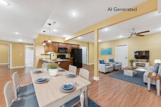 dining area with a ceiling fan, recessed lighting, baseboards, and light wood finished floors