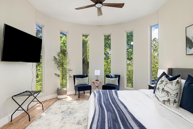 bedroom featuring multiple windows, ceiling fan, baseboards, and wood finished floors