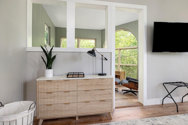 interior space featuring a textured wall, plenty of natural light, baseboards, and wood finished floors