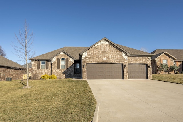 view of front of house with a garage, central AC, brick siding, concrete driveway, and a front lawn