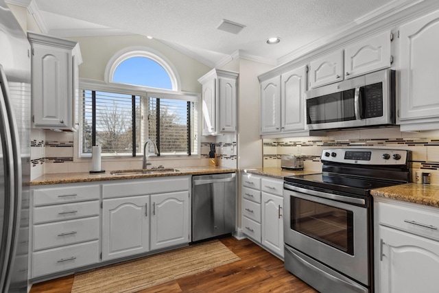 kitchen with stainless steel appliances, lofted ceiling, dark wood-type flooring, a sink, and light stone countertops