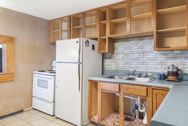 kitchen featuring white appliances, a sink, decorative backsplash, and open shelves