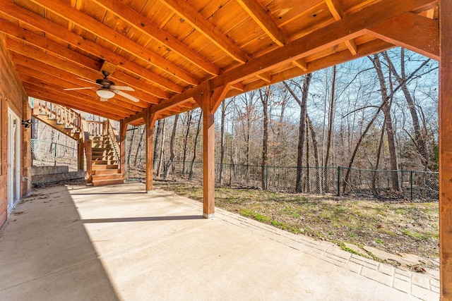 view of patio with a fenced backyard, stairs, and ceiling fan