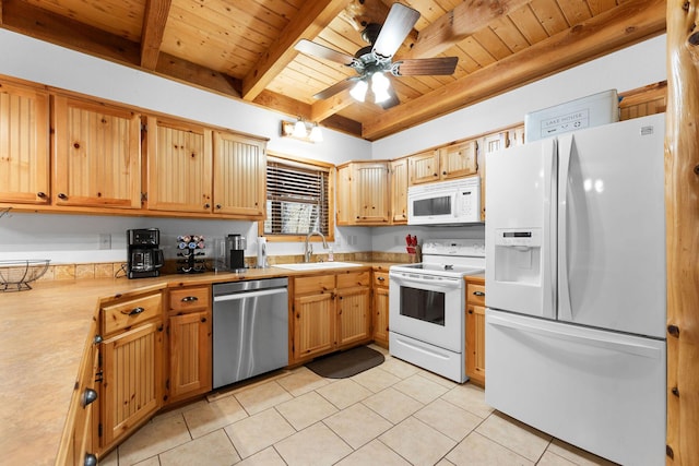 kitchen featuring white appliances, beamed ceiling, light countertops, a sink, and light tile patterned flooring