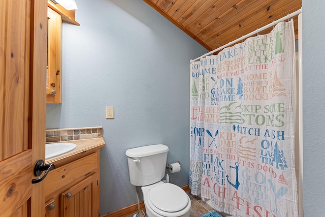 bathroom featuring toilet, wood ceiling, curtained shower, vaulted ceiling, and vanity