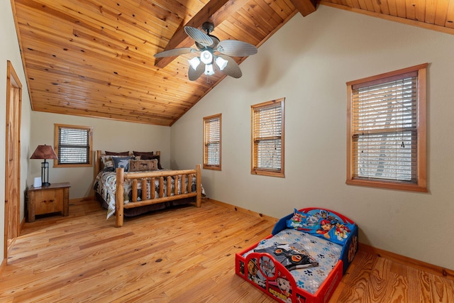 bedroom featuring lofted ceiling with beams, ceiling fan, wood ceiling, baseboards, and light wood-style floors