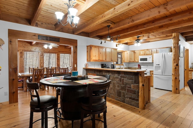 dining area with light wood-style floors and wooden ceiling