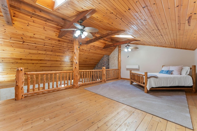 bedroom featuring wooden ceiling, lofted ceiling with skylight, and hardwood / wood-style floors