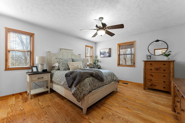 bedroom featuring light wood finished floors, visible vents, and a textured ceiling