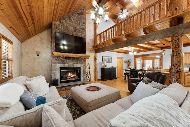 living area with high vaulted ceiling, a fireplace, wood finished floors, and wood ceiling