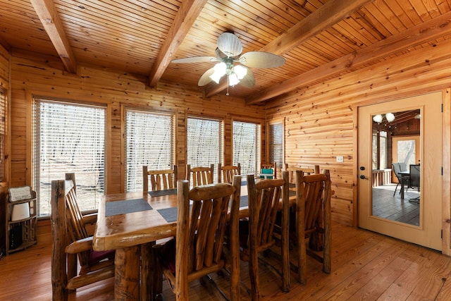 dining space with light wood-style flooring, a ceiling fan, wood ceiling, wooden walls, and beamed ceiling