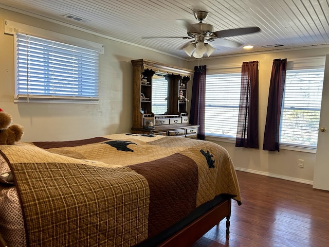 3894 Girlstown Rd, Mountain Grove, MO 65711 - bedroom featuring wood finished floors, crown molding, ceiling fan, wooden ceiling, and baseboards