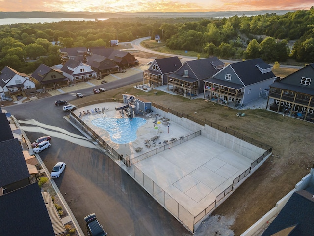 aerial view at dusk with a residential view