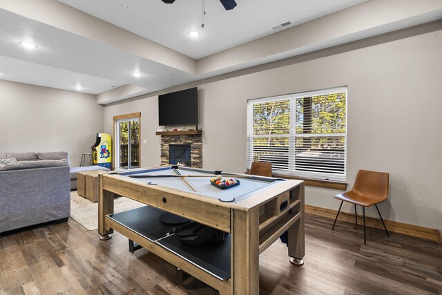 rec room featuring dark wood finished floors, a fireplace, visible vents, billiards, and baseboards