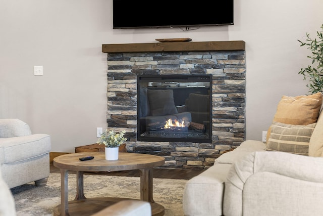 living room with a fireplace and wood finished floors