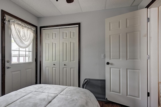 bedroom with a paneled ceiling and a closet