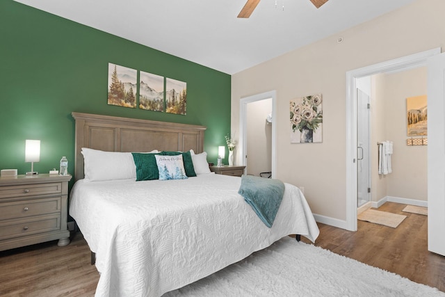 bedroom with ceiling fan, baseboards, and wood finished floors