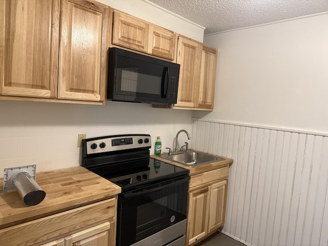 kitchen with electric stove, a wainscoted wall, butcher block counters, black microwave, and a sink