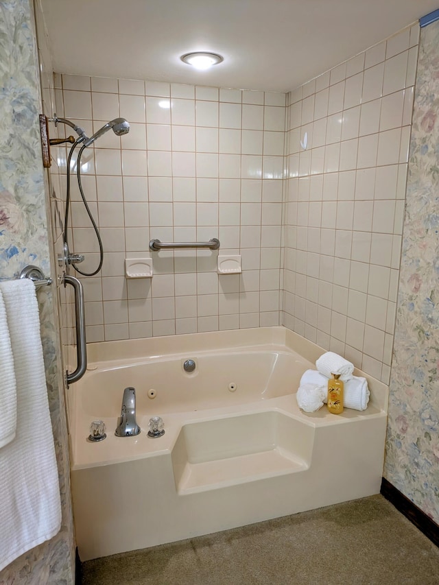 full bath with a shower, a jetted tub, and wallpapered walls