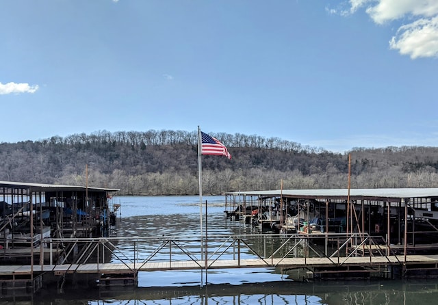 view of dock with a water view and a wooded view