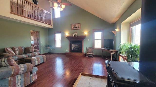 living area featuring a wealth of natural light, baseboards, a fireplace with raised hearth, and wood finished floors